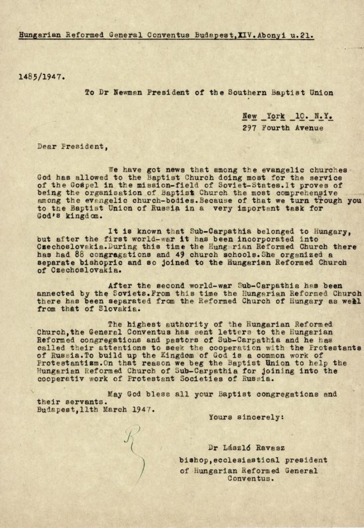 Ravasz László levele a Baptista Unió elnökének (forrás: MRE ZSL, 2f. F., 41. d., 1947/1485. 6.)